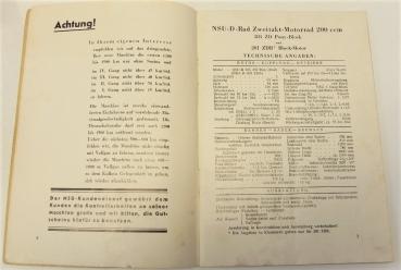 Betriebsanleitung / Handbuch - NSU -D - 201 ZD Pony-Block und 201 ZDB - 1936