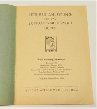 Betriebsanleitung / Handbuch - ZÜNDAPP DB 200 Modell 1947 - Ausgabe November 1949