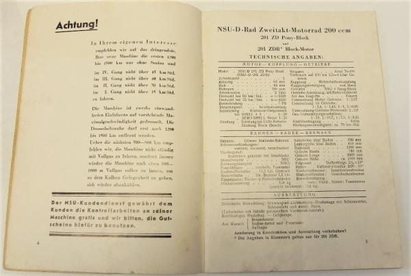 Betriebsanleitung / Handbuch - NSU -D - 201 ZD Pony-Block und 201 ZDB - 1936