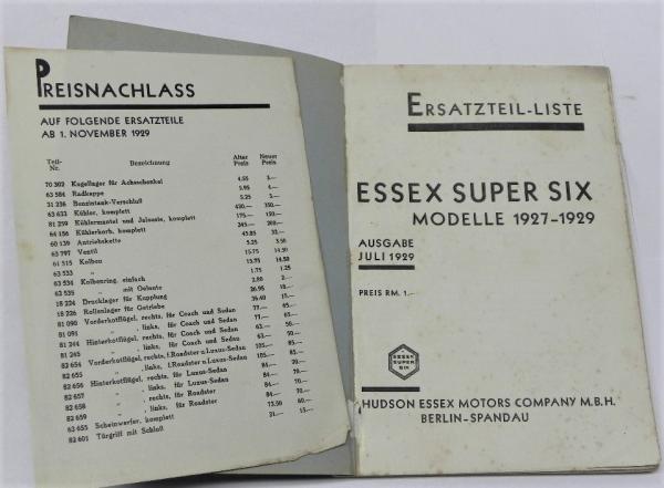 Ersatzteilkatalog / Ersatzteilliste für ESSEX SUPER SIX - Modelle 1927-1929 - Juli 1929