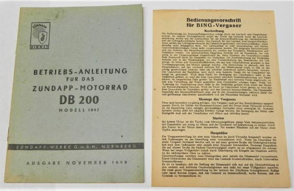 Betriebsanleitung / Handbuch - ZÜNDAPP DB 200 Modell 1947 - Ausgabe November 1949