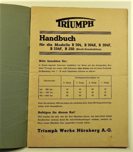 Betriebsanleitung / Handbuch - TRIUMPH B204, B204 E, B204 F, B254 und B350 - ca. 1937